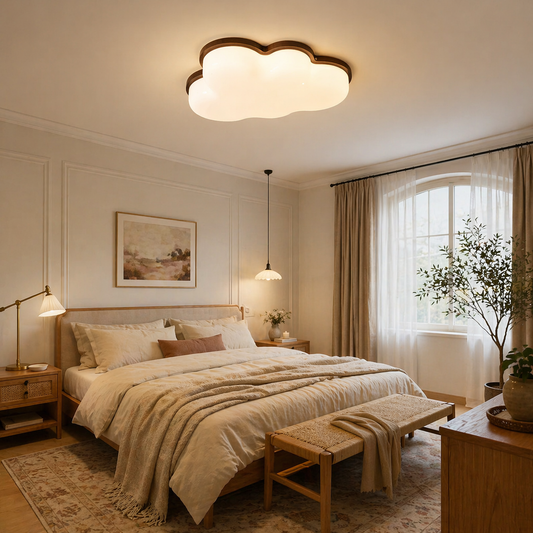 A cozy bedroom interior featuring a glowing cloud-shaped ceiling light