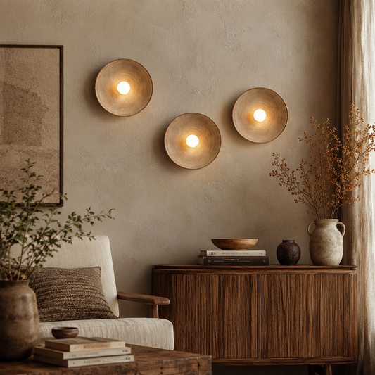 Three round wall sconces with warm glowing bulbs mounted on a textured wall