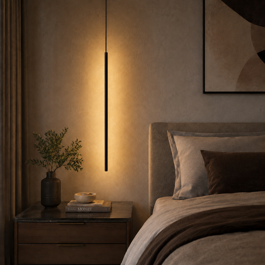 Modern bedroom with a pendant light, bedside table, and bed with pillows