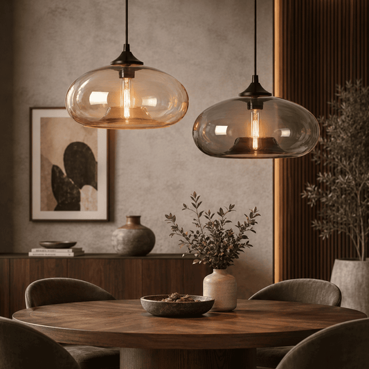Two modern pendant lights with oval amber-tinted glass shades and black metal hardware