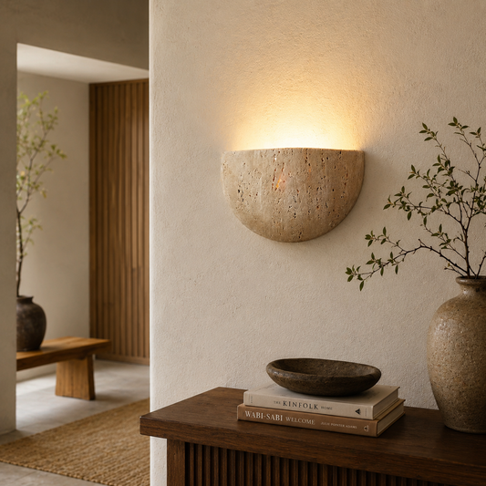A warm, modern half moon wall sconce made of textured stone