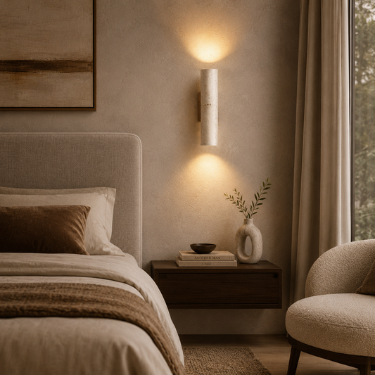Cozy bedroom with a bed, nightstand, and wall sconce