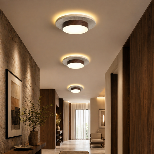 Three modern flush-mount ceiling lights with warm white LED illumination and circular wood accents