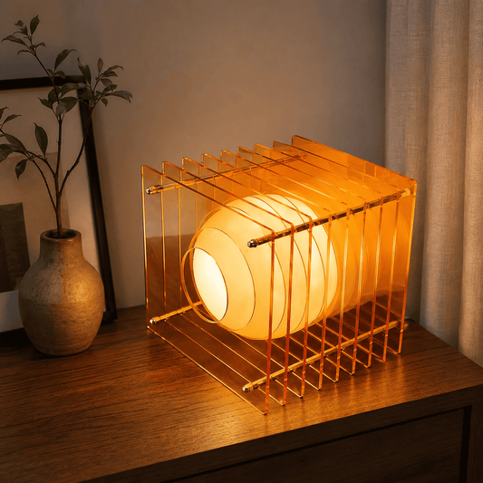 A modern table lamp with a glowing white cylindrical shade inside a transparent orange acrylic