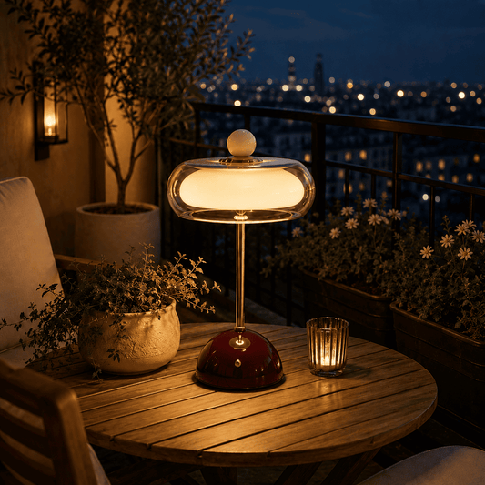 A modern table lamp with a glowing oval glass shade and a glossy dark red dome-shaped base sits on a round wooden table