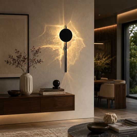 A modern wall sconce with a circular shade and vertical stem, casting a warm golden light
