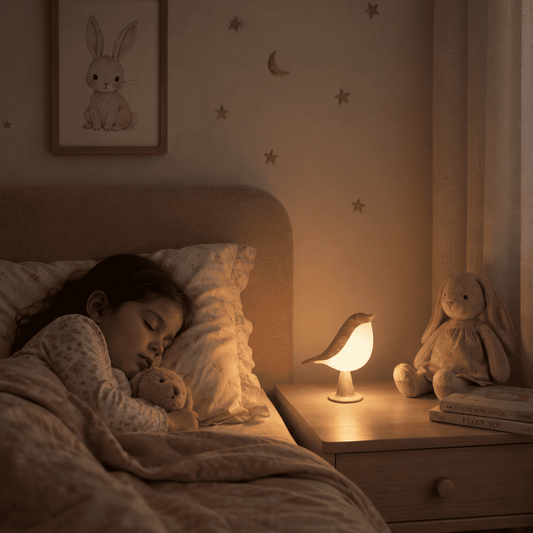 A warm, cozy children's bedroom scene at night with a glowing bird-shaped night light