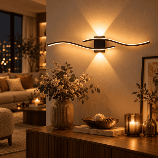 A modern wavy LED wall sconce light fixture mounted on a beige wall in a warmly lit living room setting