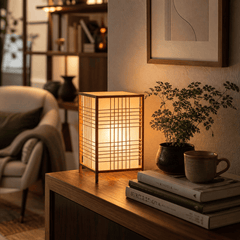 A Japanese-style wooden screen lantern with a warm glowing light