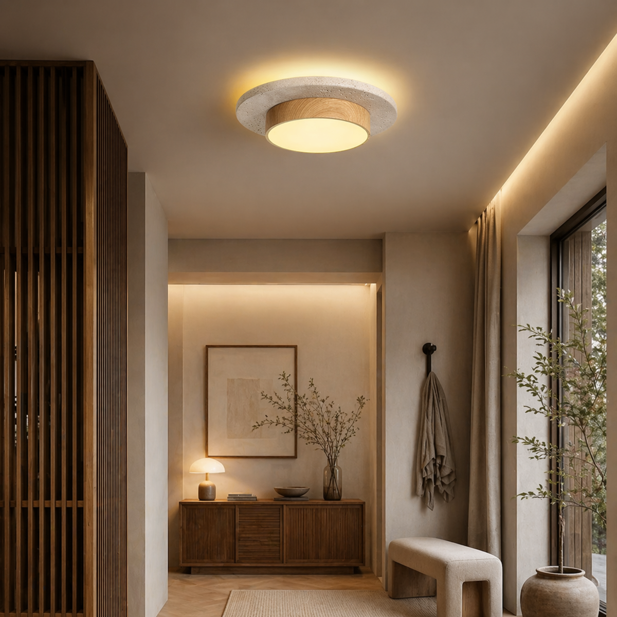 A modern flush-mount ceiling light with a circular textured white outer ring and a warm beige inner diffuser