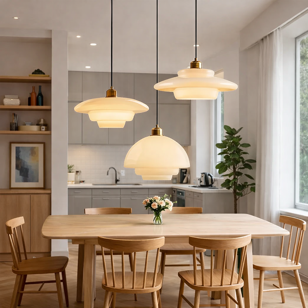 Three modern layered pendant lights with warm white glass shades