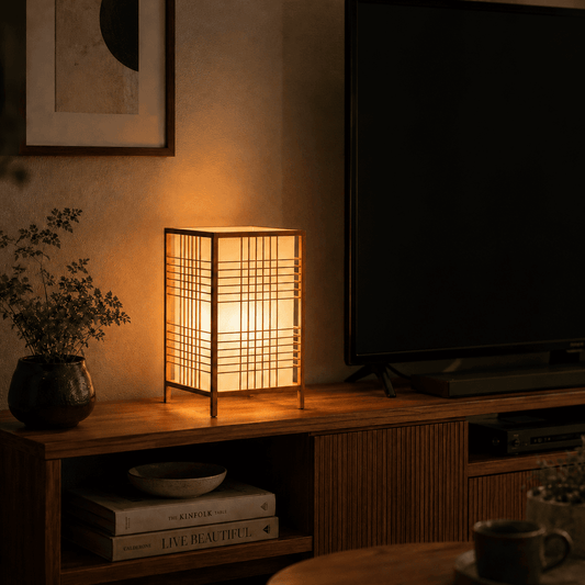 A Japanese-style table lamp with a glowing warm light placed on a wooden TV stand in a cozy living room