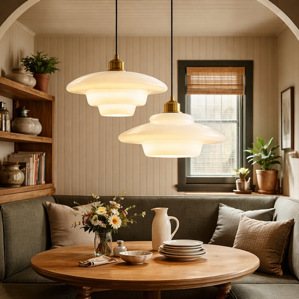 Two modern pendant lights with warm white glass shades and brass fixtures