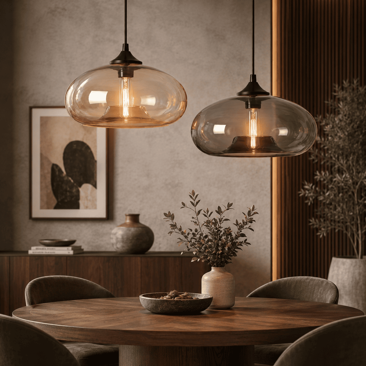 Two modern pendant lights with oval amber-tinted glass shades and black metal hardware
