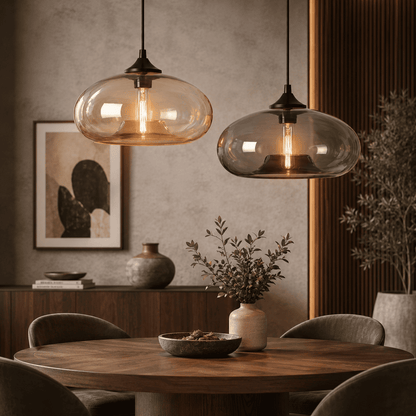 Two modern pendant lights with oval amber-tinted glass shades and black metal hardware