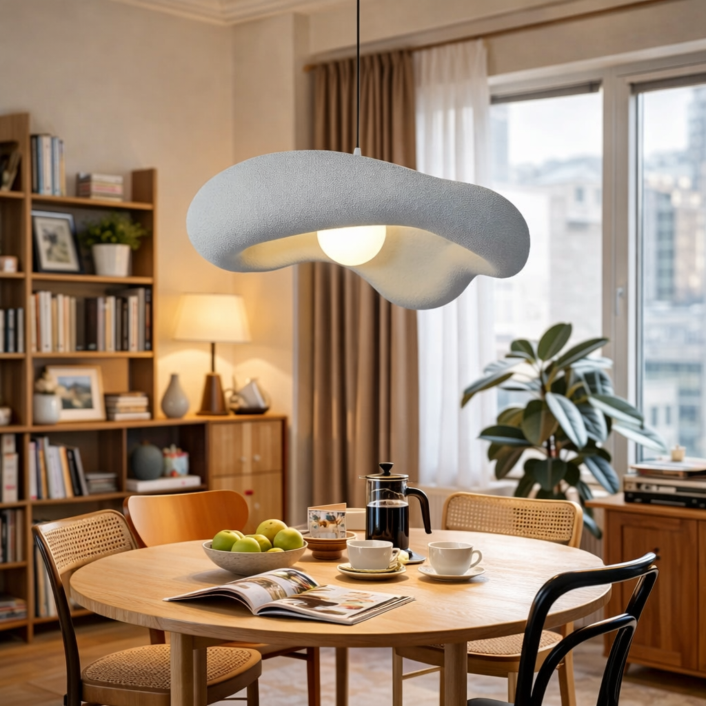 A modern, organic-shaped pendant light with a textured light gray exterior