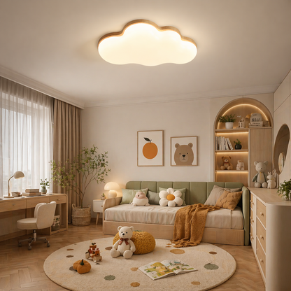 A warm, modern children's bedroom featuring a glowing cloud-shaped ceiling light