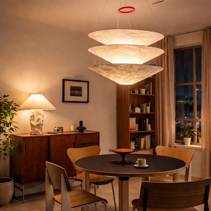A modern multi-tiered pendant chandelier