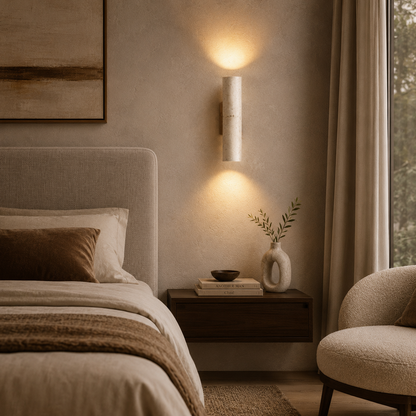 Cozy bedroom with a bed, nightstand, and wall sconce