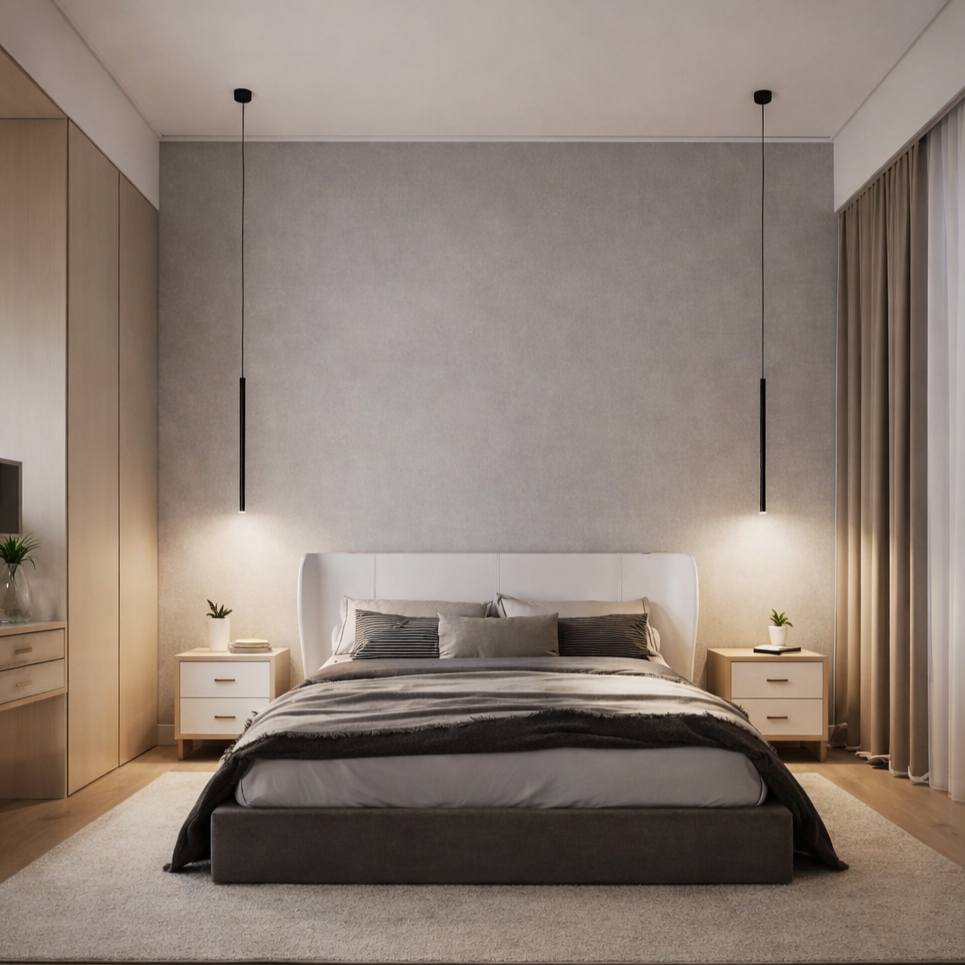 A modern minimalist bedroom featuring two slim black pendant lights