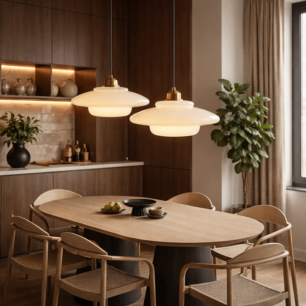 Two modern pendant lights with wide, layered white shades and brass fixtures hang over