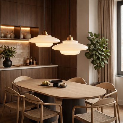 Two modern pendant lights with wide, layered white shades and brass fixtures hang over
