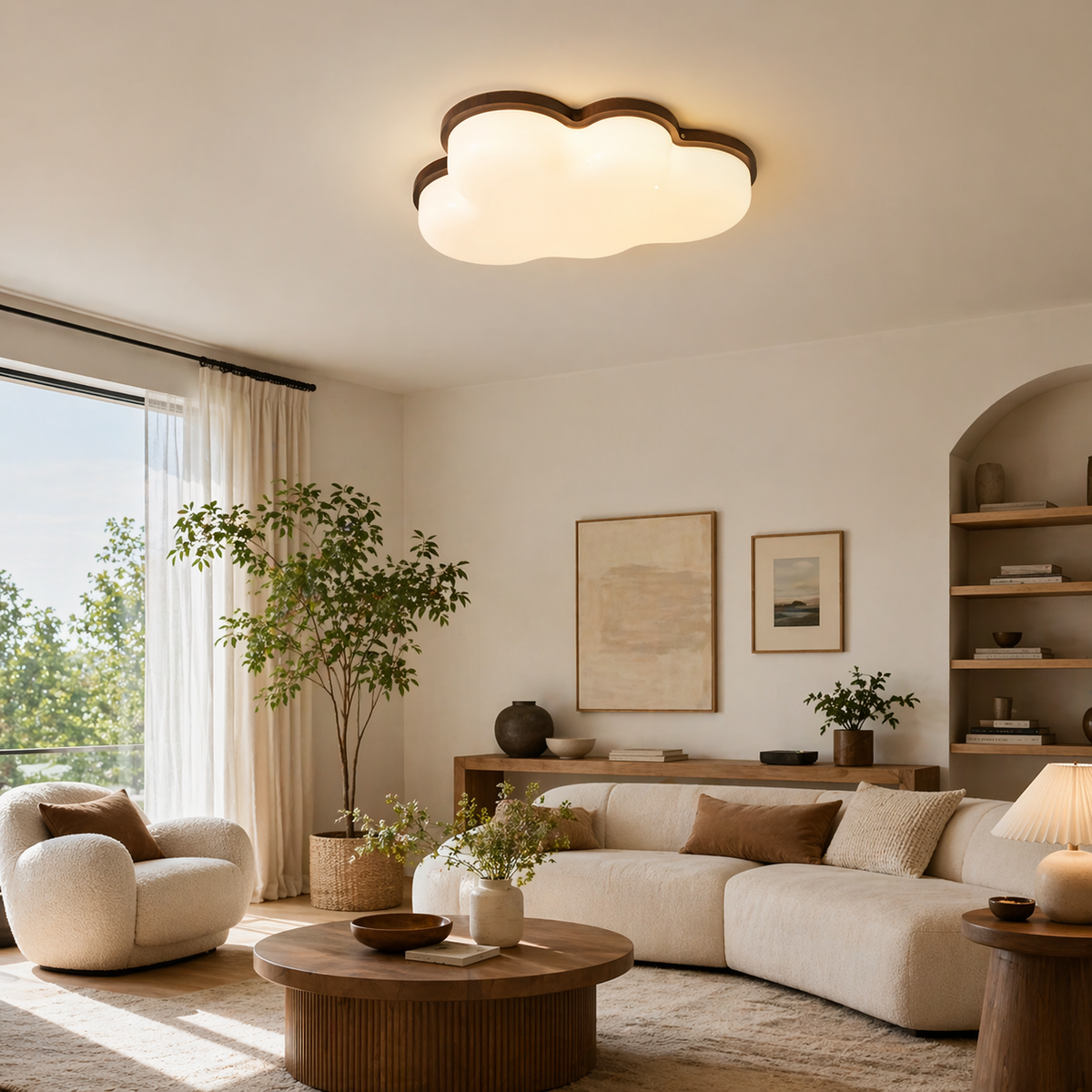 A modern cloud-shaped ceiling light with a warm white glowing frosted glass shade and a dark wood frame