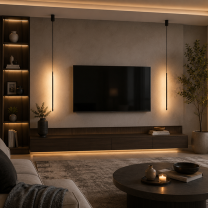 Modern living room with a television mounted on the wall, shelves, and two black linear pendant light