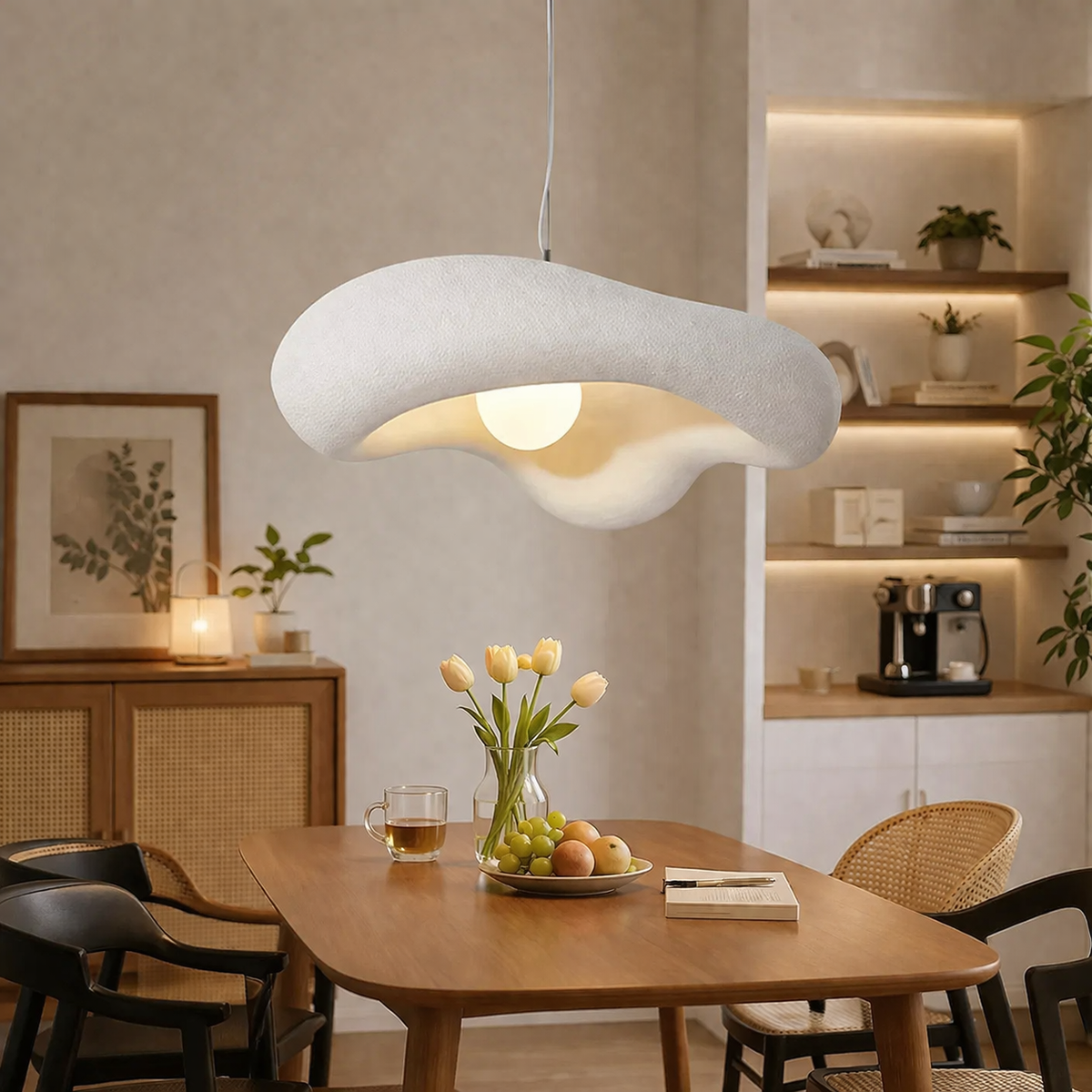 A modern wavy pendant light with a textured white felt-like exterior 