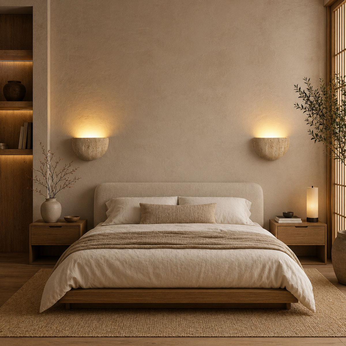 A minimalist, modern Japanese-style bedroom featuring flanked by two nightstands and textured wall sconces.