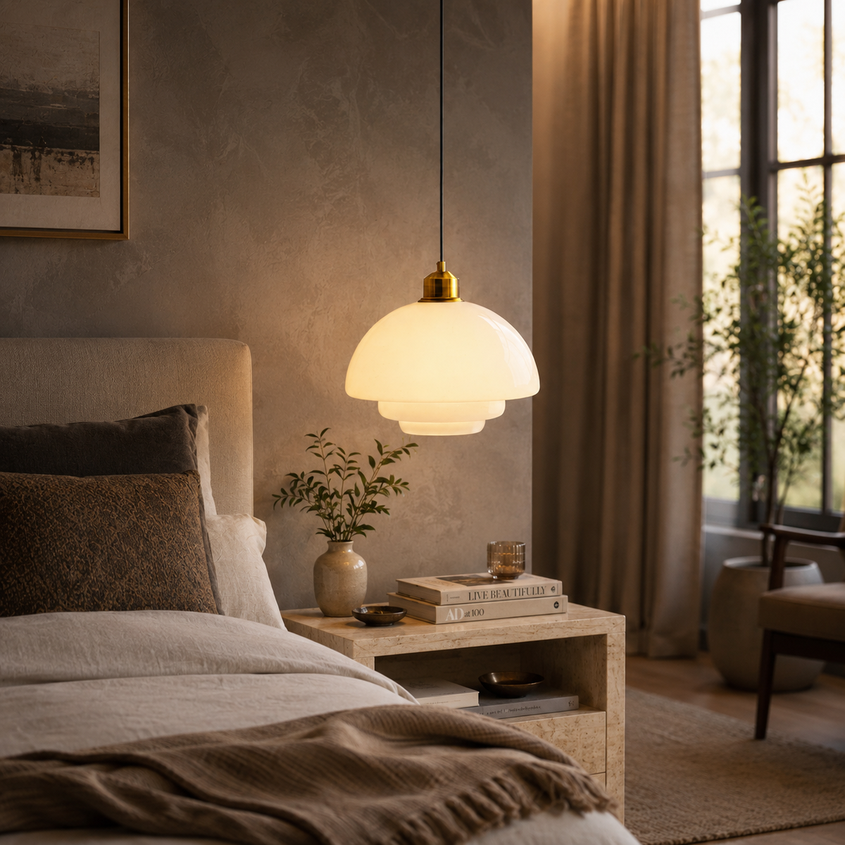 A modern pendant light with a frosted white dome shade and a brass-toned cap hangs over a bed