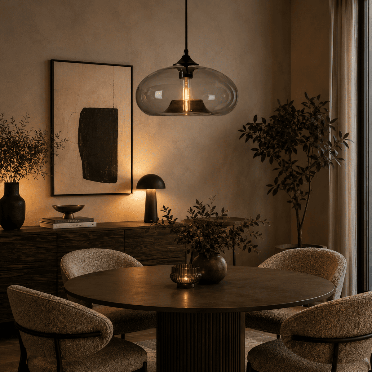 A clear glass dome pendant light hanging above table
