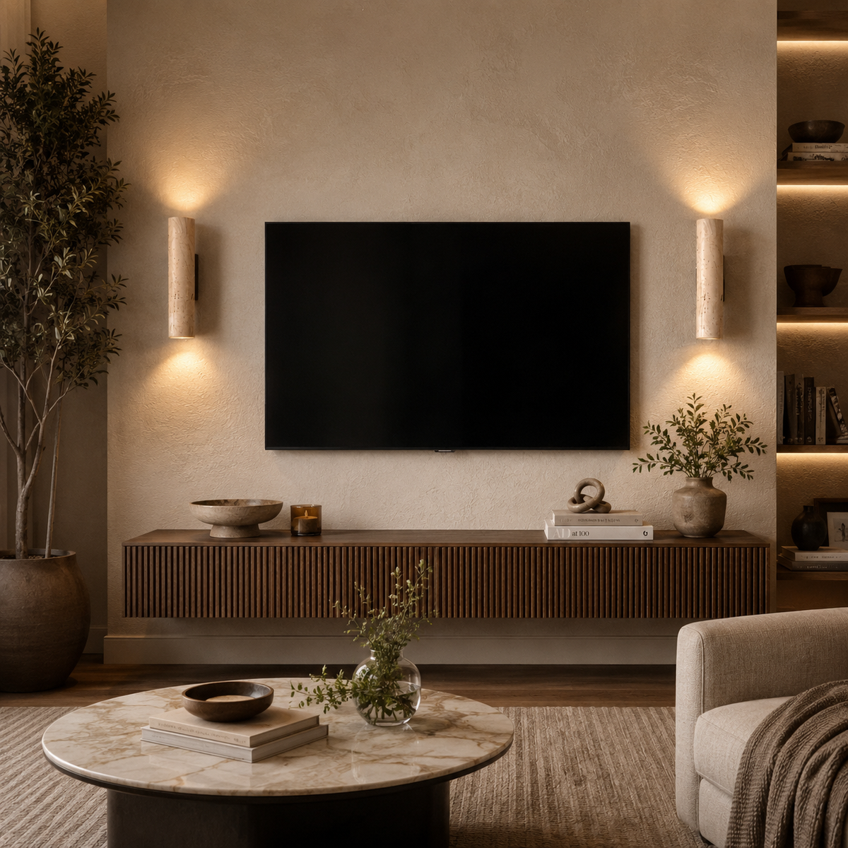 Modern living room with a television mounted on the wall, surrounded by wall lights