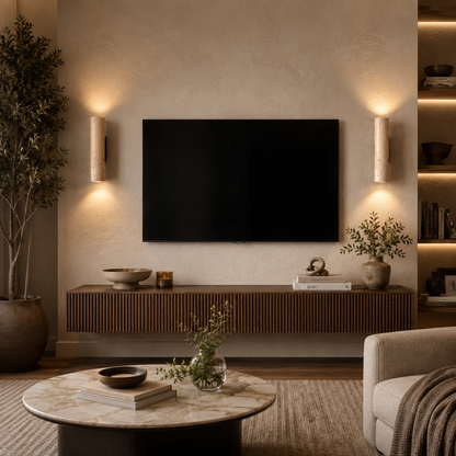Modern living room with a television mounted on the wall, surrounded by wall lights