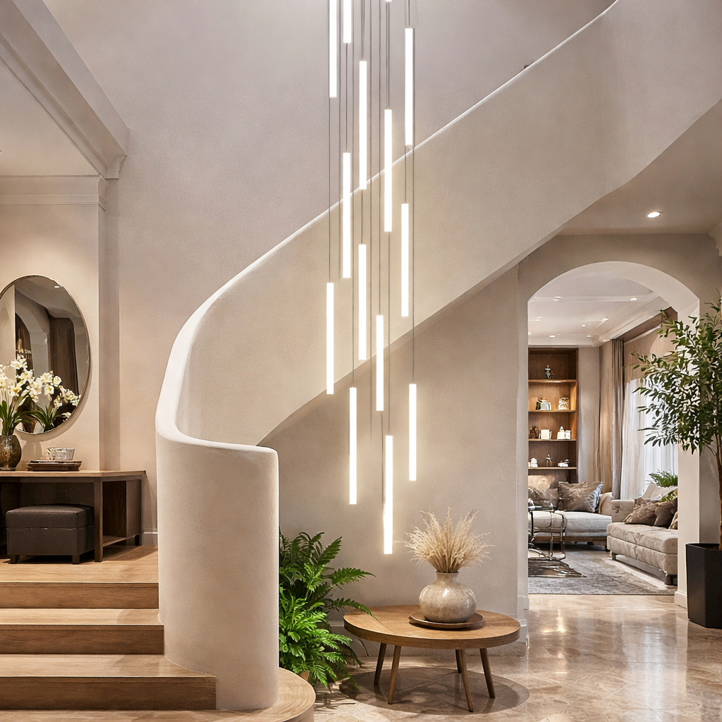 A modern multi-light linear chandelier with glowing vertical tubes hangs beside a sweeping white staircase