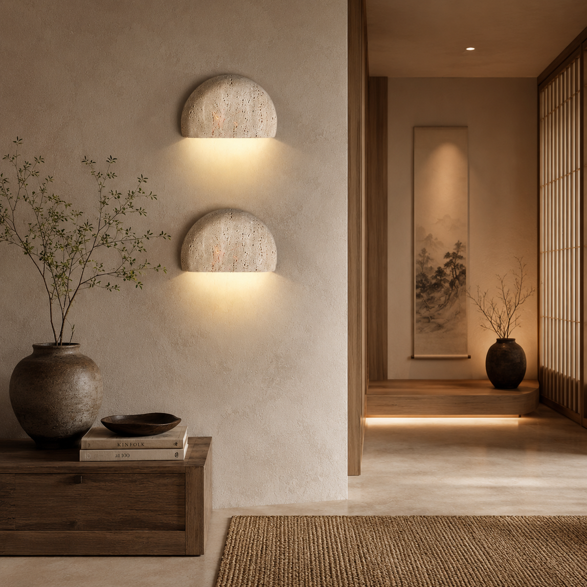 Two dome-shaped textured wall sconces mounted on a beige plaster wall