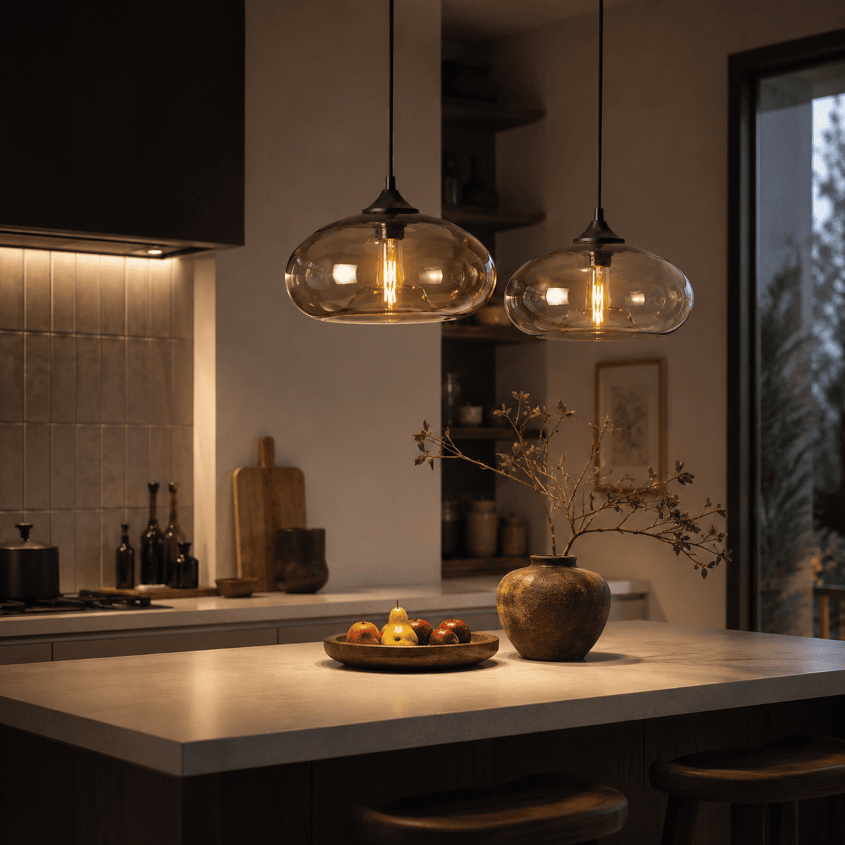 Two modern pendant lights with oval clear glass shades and exposed warm  hanging over a kitchen island