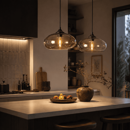 Two modern pendant lights with oval clear glass shades and exposed warm  hanging over a kitchen island