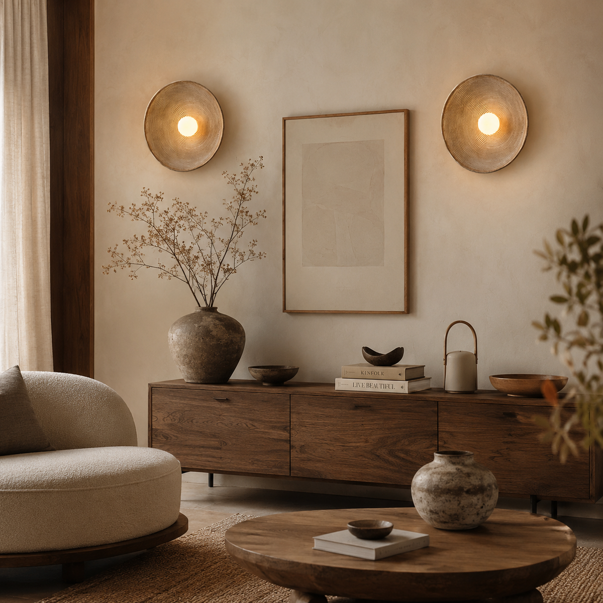 Two circular wall sconces casting warm light