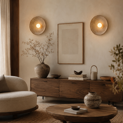 Two circular wall sconces casting warm light