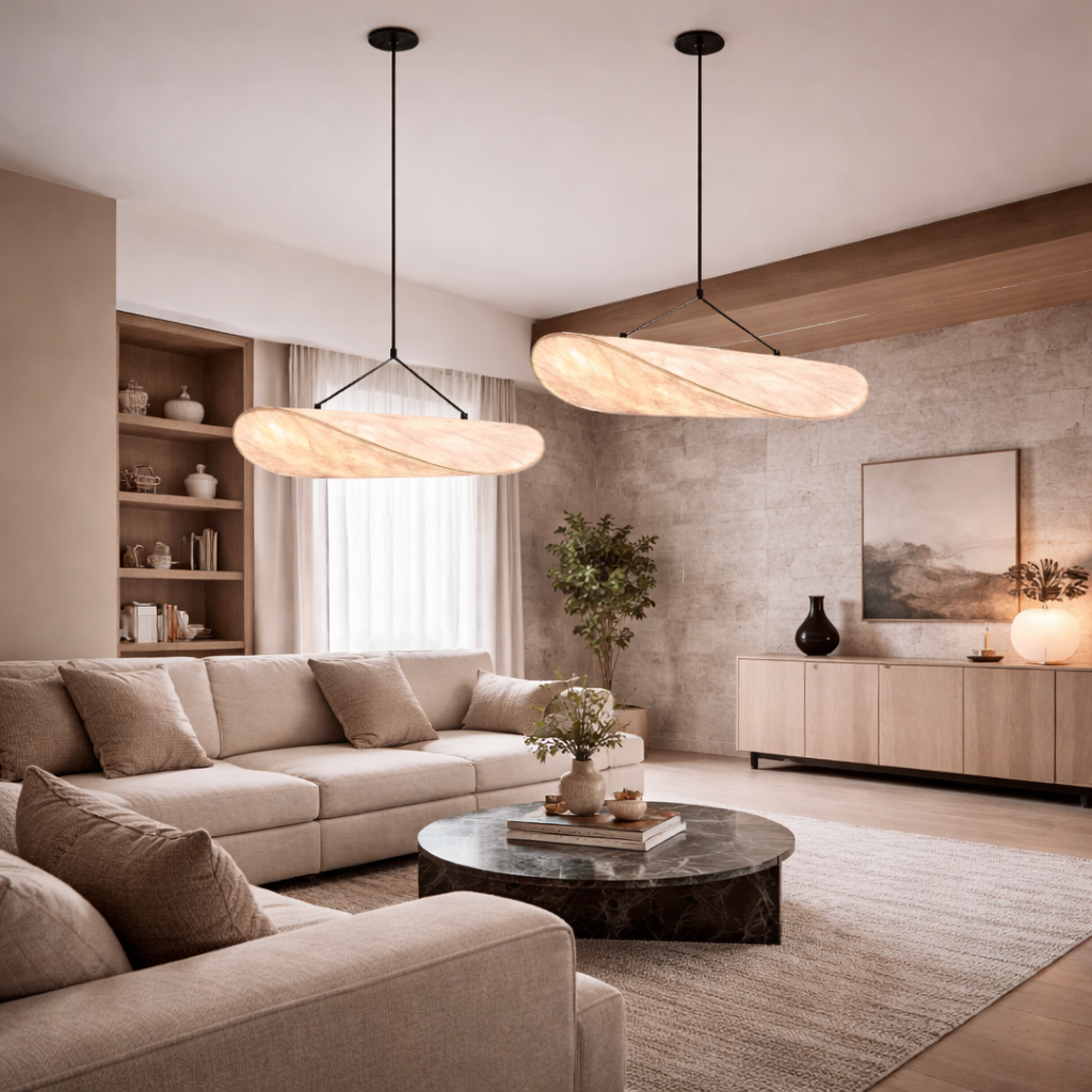 A modern living room featuring two large, organic-shaped pendant lights 