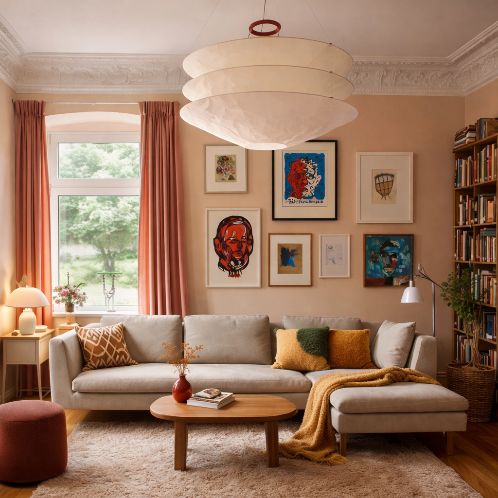 A styled living room featuring a light beige sectional sofa with accent pillows, a large white tiered pendant light
