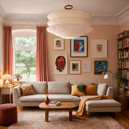 A styled living room featuring a light beige sectional sofa with accent pillows, a large white tiered pendant light