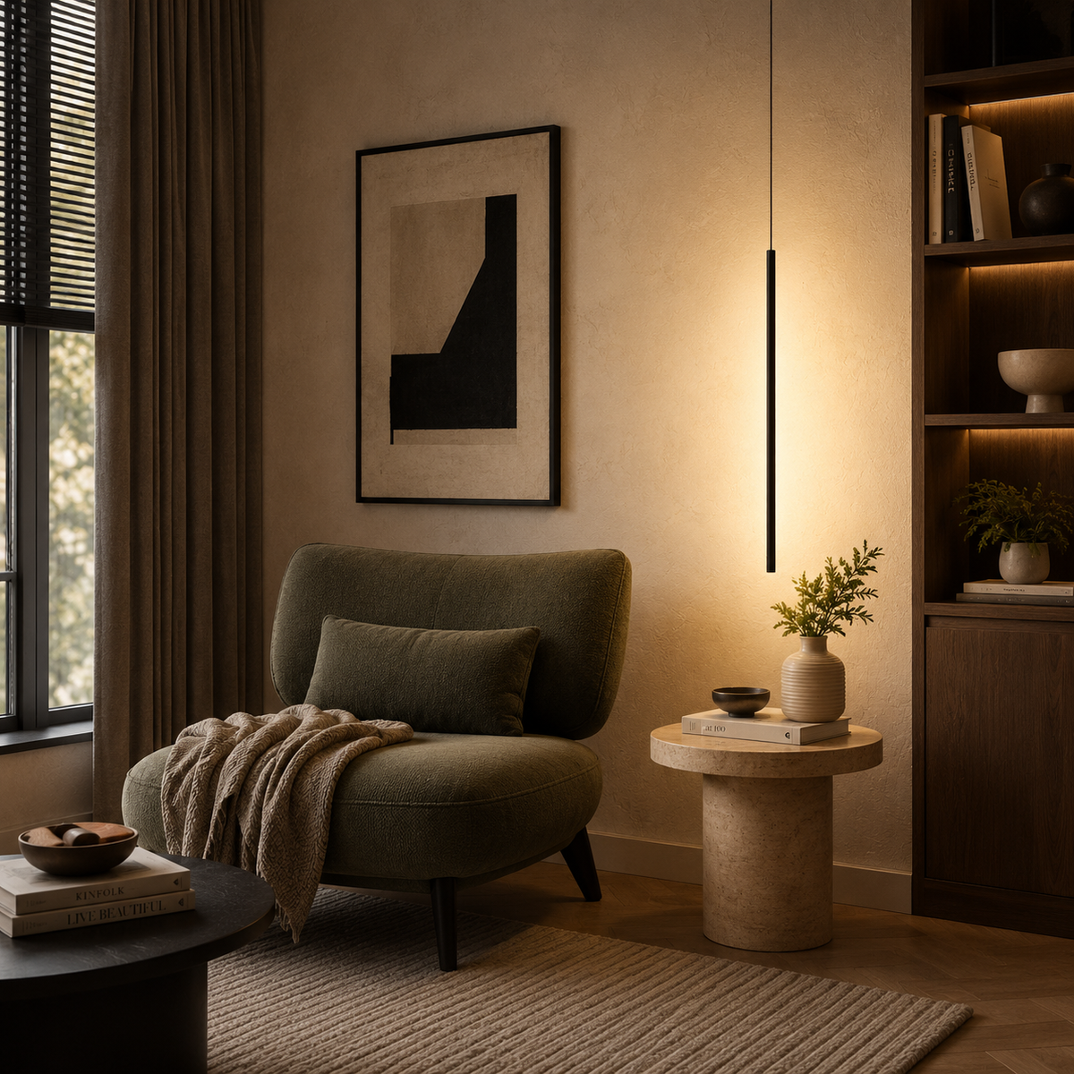 Cozy living room with a green armchair, side table, wall art and pendant light