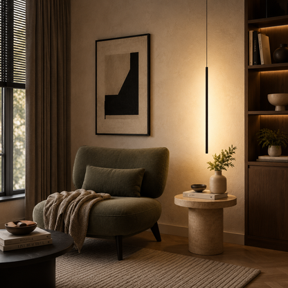 Cozy living room with a green armchair, side table, wall art and pendant light