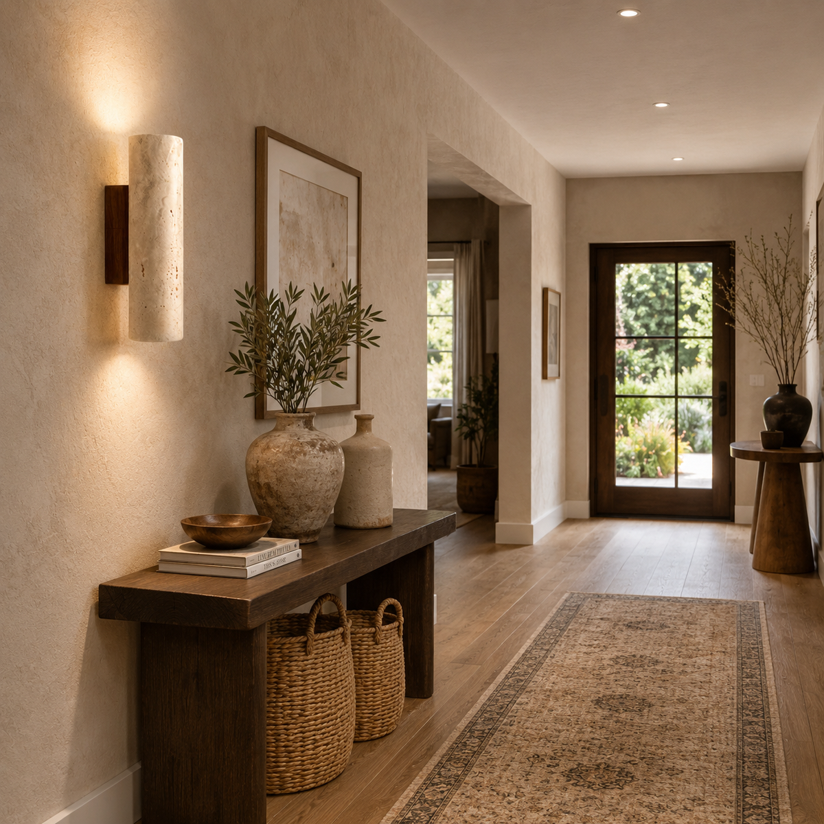Foyer with wooden console table, wall sconce, and wall art