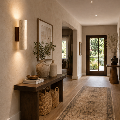 Foyer with wooden console table, wall sconce, and wall art