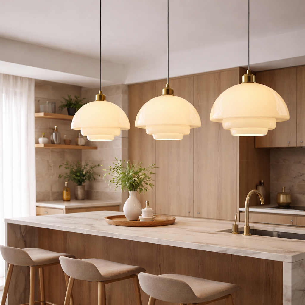 Three tiered pendant lights with warm white dome-shaped glass shades and brass hardware