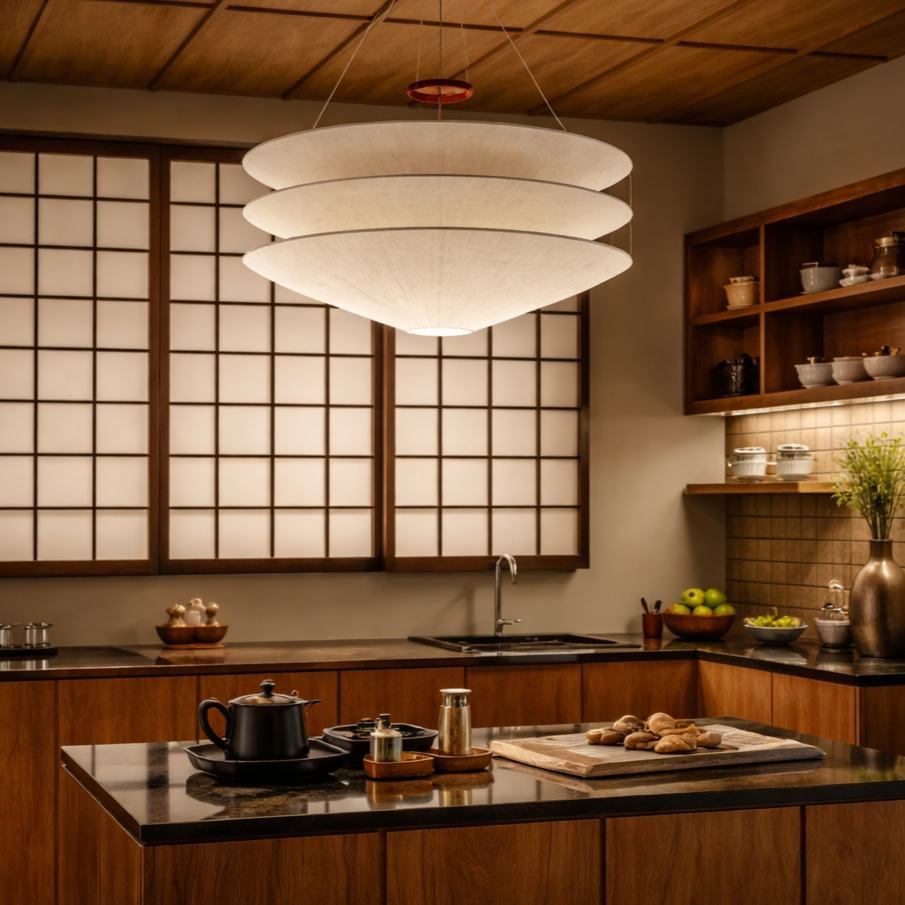 A modern three-tiered pendant light, contemporary Japanese-style kitchen