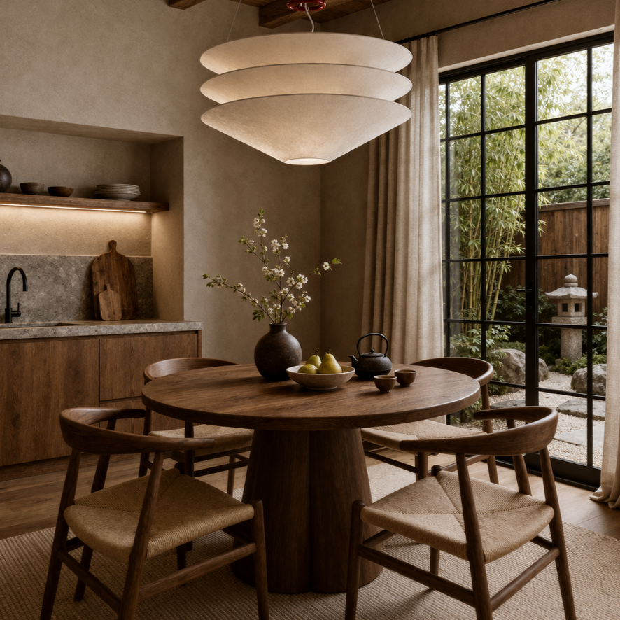 A tiered pendant light hangs above a round wooden dining table